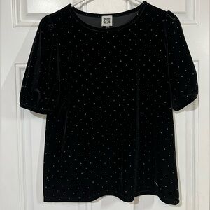 Anne Klein Black Velvet Puff Sleeve Gold Studded Top Size Small